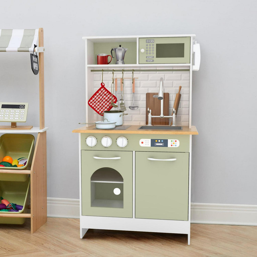 Teamson Kids Little Chef Boston Modern Kitchen Playset. 9 Pcs Acc Set. Oven. Microwave. Burner. Sink. White/Green