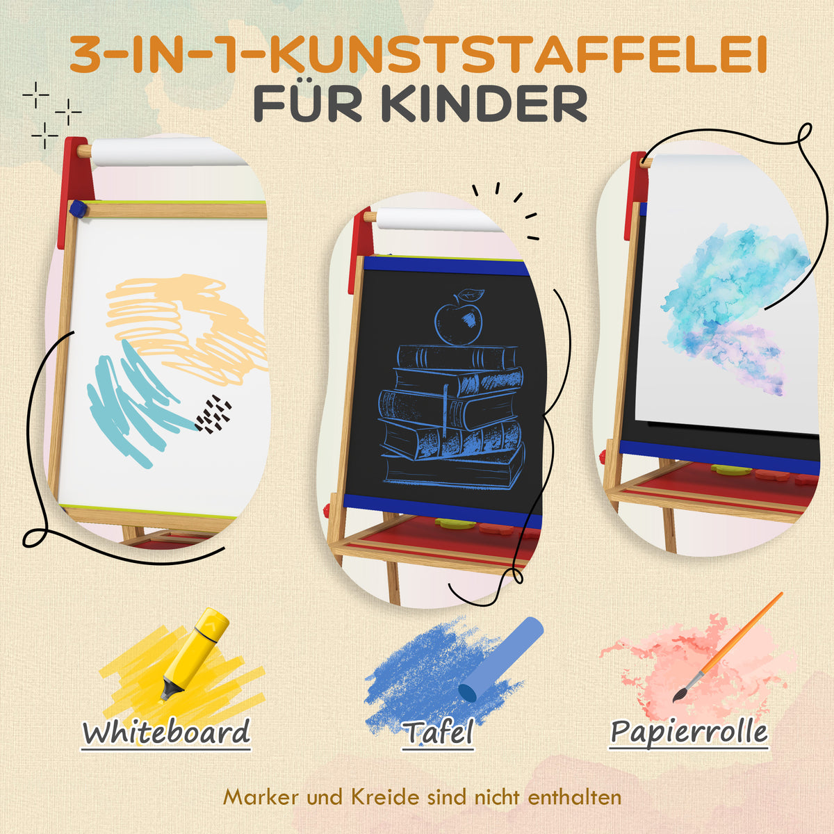 AIYAPLAY 3-in-1 Kindermalstaffelei, Kreidetafel, Whiteboard, Papierrolle, inklusive Zubehör, Kiefernholz, verstellbar