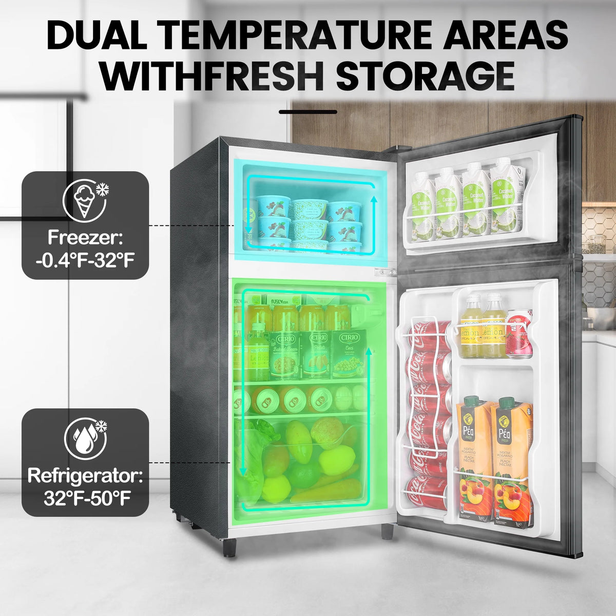 WANAI Two Door Mini Fridge with Freezer, 3.5 cu ft Small Freezer, Dark Grey