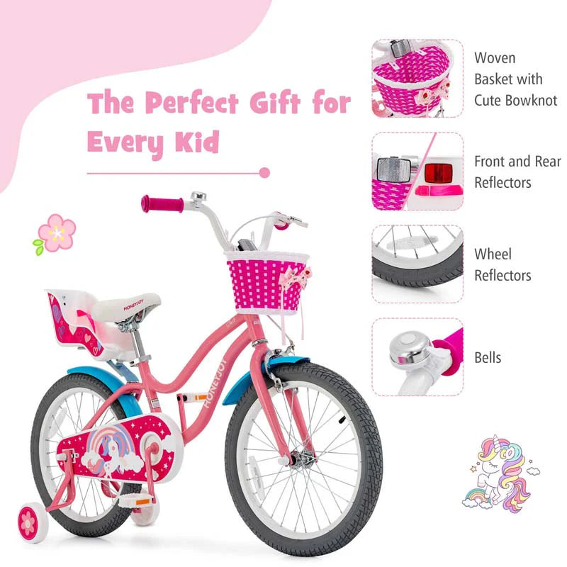14"/18" Kids Bicycle with Removable Training Wheels, Coaster Brake, Handbrake, Basket & Doll Chair, Toddler Girls & Boys Bike for Age 3-9
