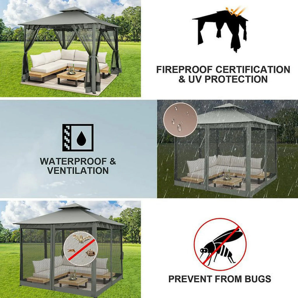 SANOPY 10' x 10' Gazebos for Patios, Gazebo Canopy with 4 Mosquito Netting, Rainproof & Sunscreen Shelter Tent with Double Eaves for Garden Backyard and Deck