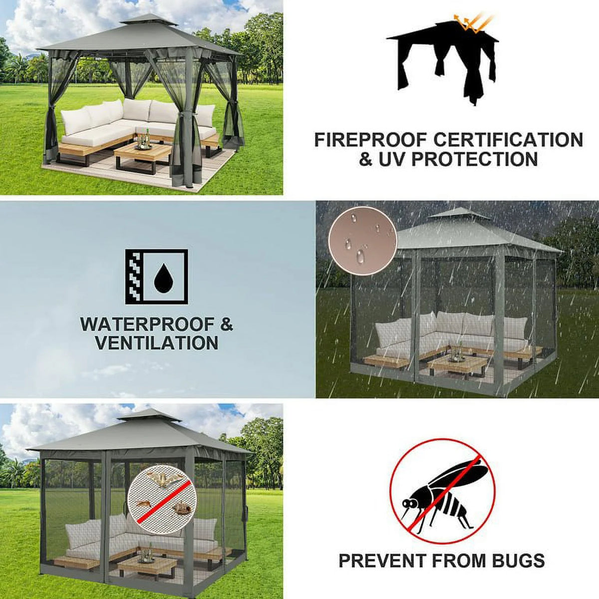SANOPY 10' x 10' Gazebos for Patios, Gazebo Canopy with 4 Mosquito Netting, Rainproof & Sunscreen Shelter Tent with Double Eaves for Garden Backyard and Deck