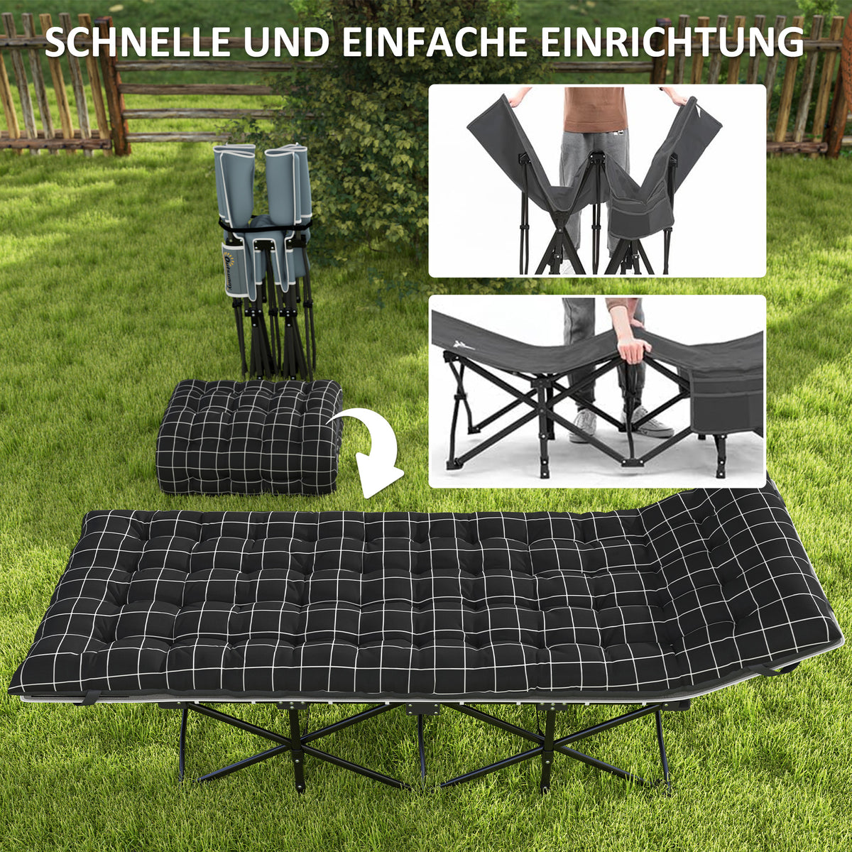 Outsunny Klappbares Campingbett, Feldbett mit Matratze, ergonomisch, Metallrahmen, Schwarz