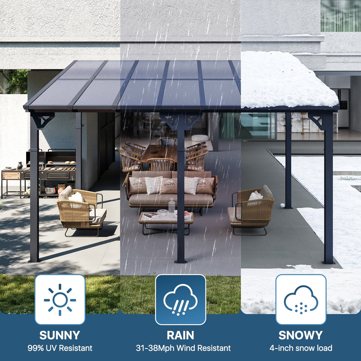 Sumnthink 10'X12' Gazebo for Patio, Gazebo Pergola with Sloped Roof, Large Wall - Mounted Heavy Duty Awnings, for Patio, Deck and Backyard