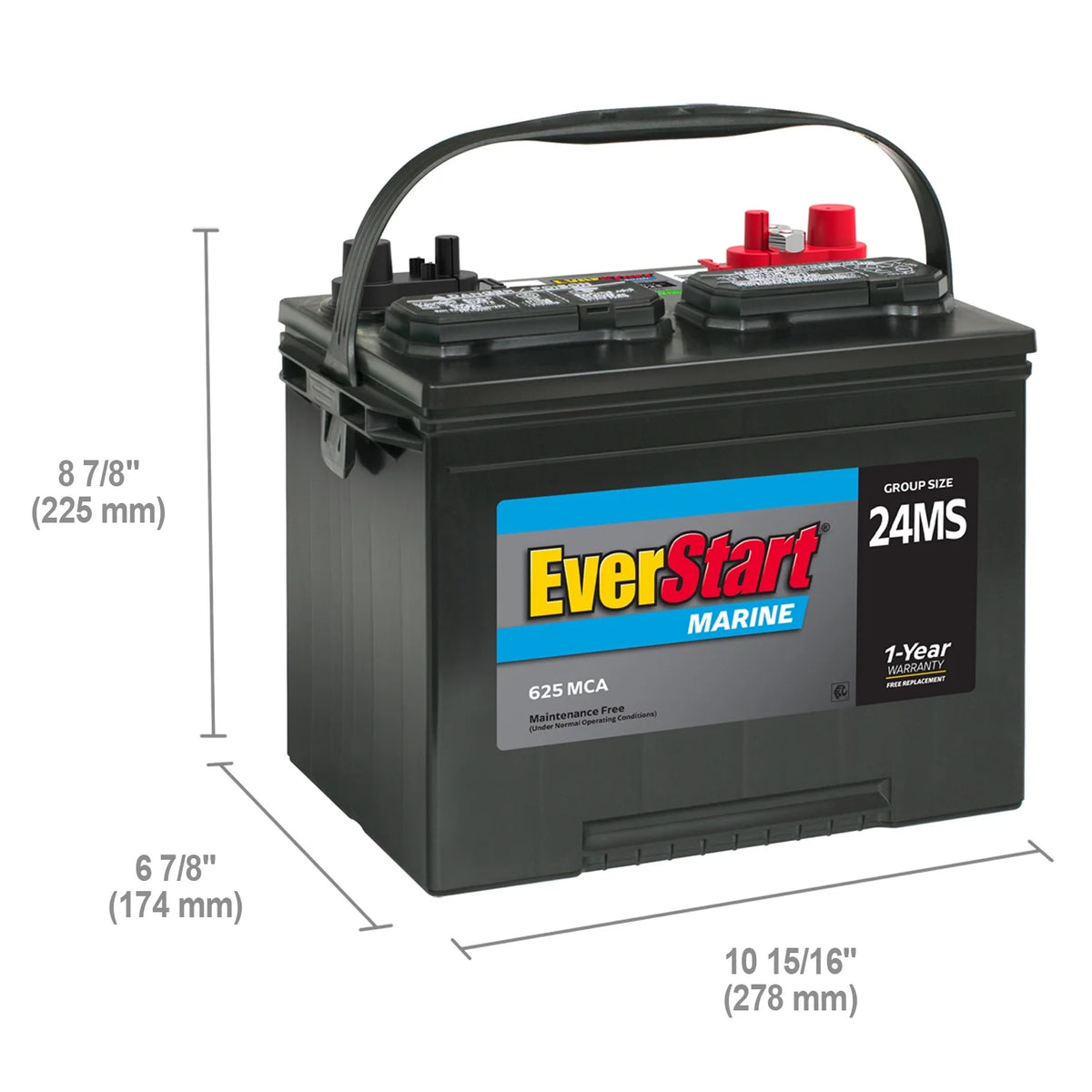 Everstart Lead Acid Marine Starting Battery, Group Size 24MS 12 Volt, 1000 Mca*