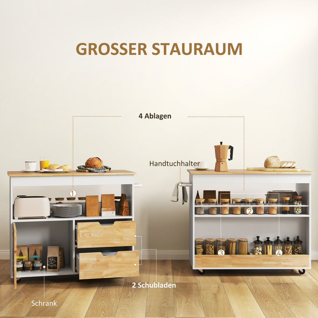 HOMCOM Küchenwagen, Rollbare Kücheninsel, Küchen-Trolley mit Fächern, Schrank und Arbeitsfläche, Weiß