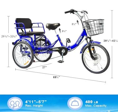 Tricycle 7 Speed. 20 inch 3 Wheel Bikes Folding Tricycle for Adults Star Strip Blue
