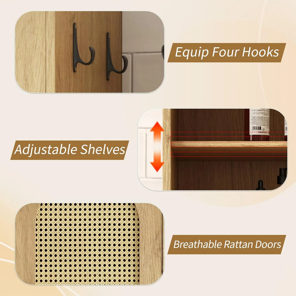66 - Inch Bathroom Storage Cabinet with Rattan Doors, Bath Room Organizer Floor Cabinets Brown