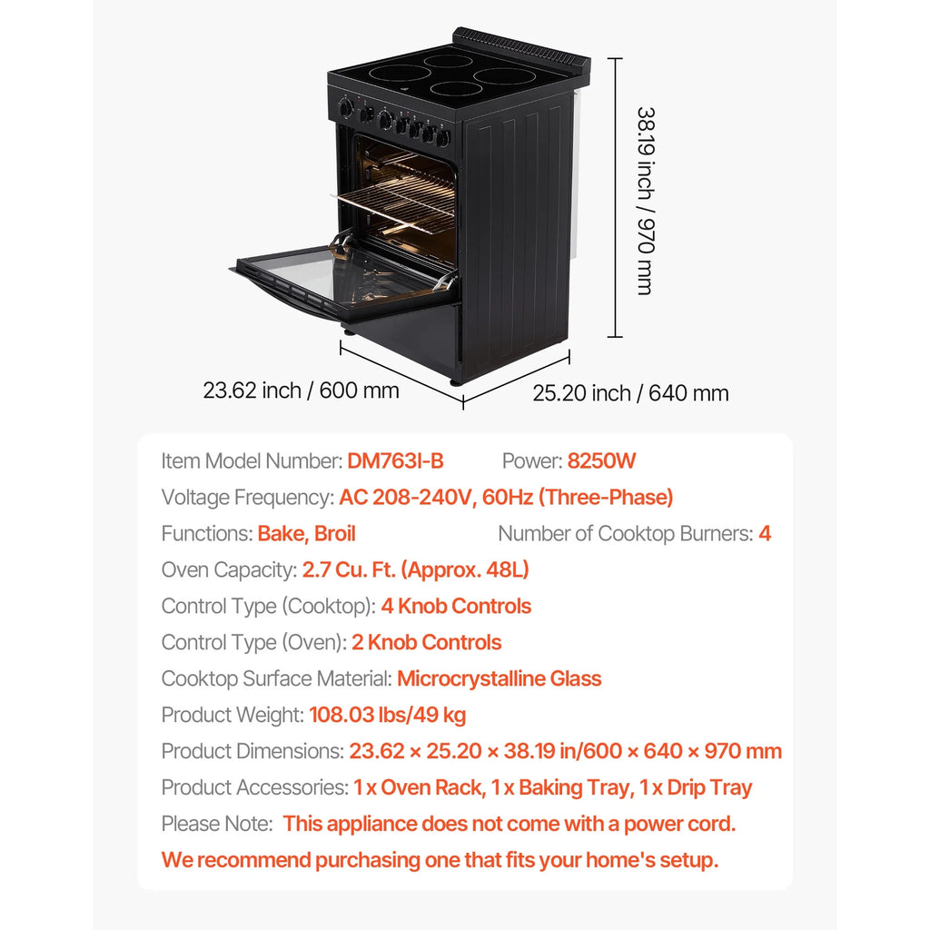 KFFKFF 24 - Inch Electric Range Oven, 2.7 Cu. Ft. Compact Freestanding Design, Stainless Steel Finish, Features 4 Burners, Adjustable Racks, Storage Drawer, Drip Pan, and Indicator Light, Black