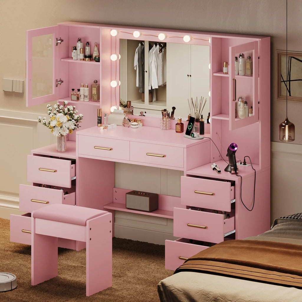 UGTOO 58.3" White Vanity Desk with Mirror, Adjustable Lighting, Power Outlet, Drawers, with Stool