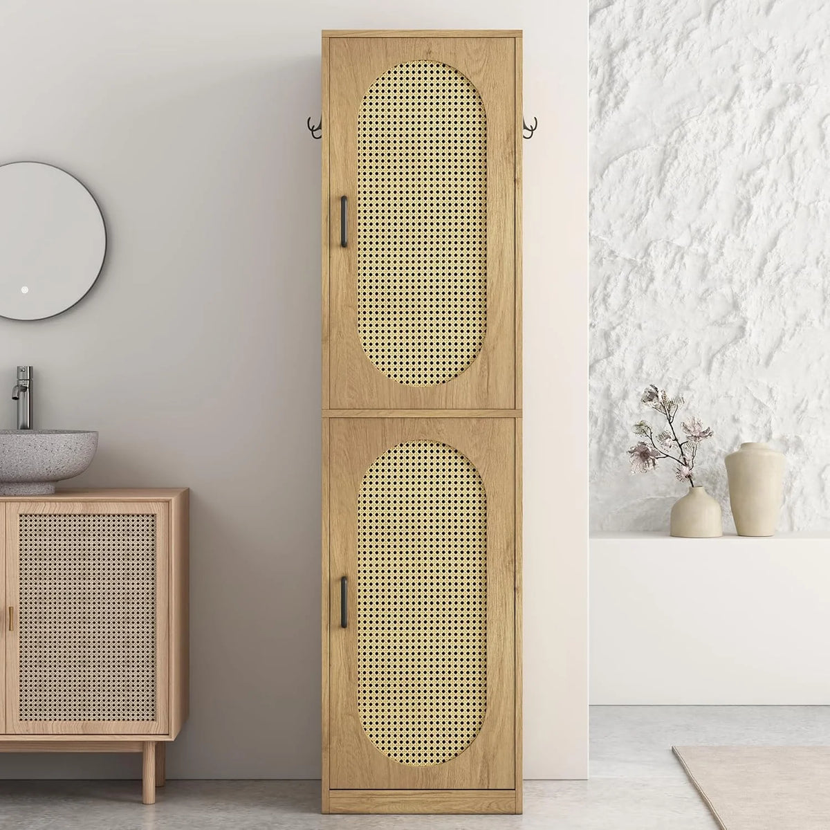66 - Inch Bathroom Storage Cabinet with Rattan Doors, Bath Room Organizer Floor Cabinets Brown