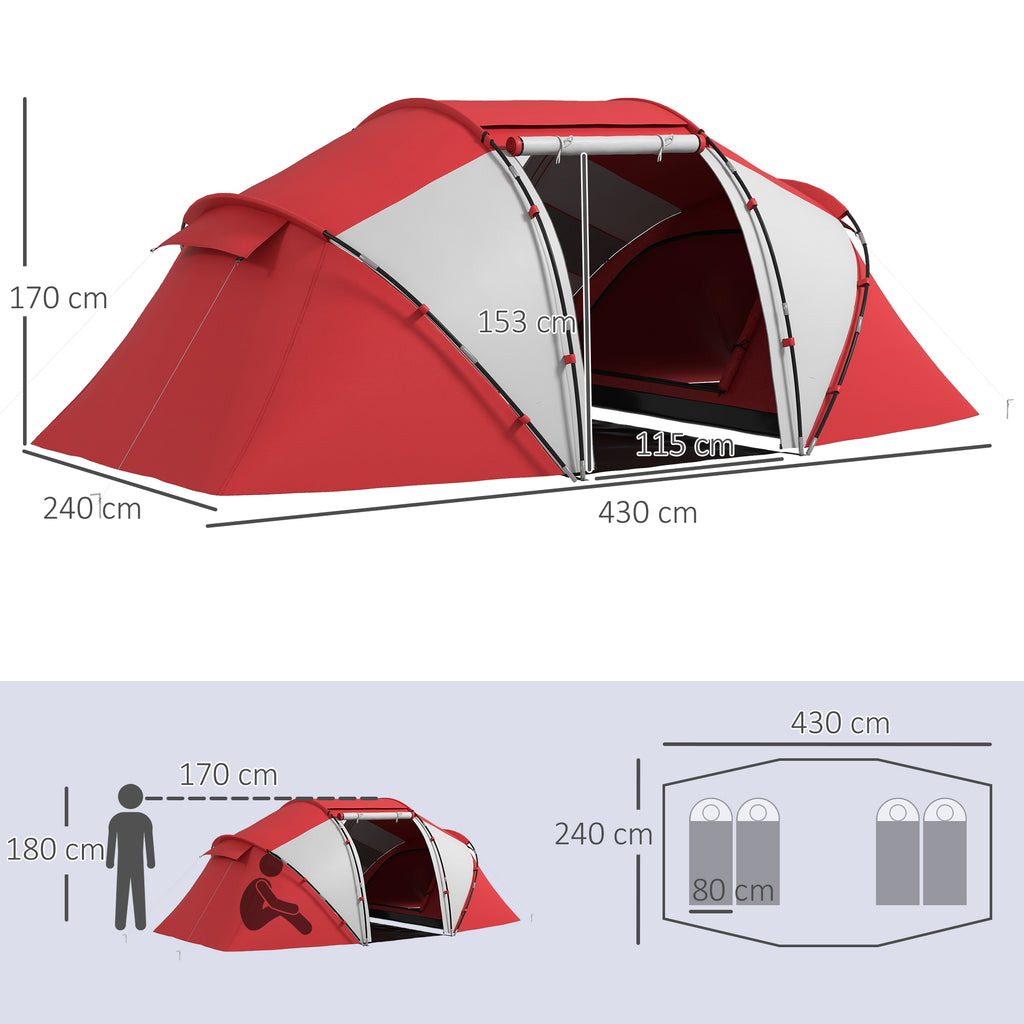 Outsunny Familien-Campingzelt für 4-6 Personen, wasserdichtes, leichtes Kuppelzelt mit Belüftung, 2 Kabinen, Fenster, große Tür Grau Rot