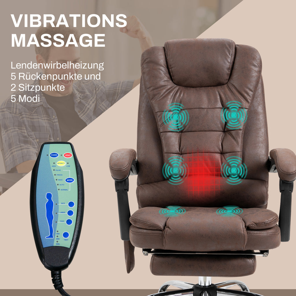 Vinsetto Massage-Bürostuhl, Liege- & Wärmefunktion, drehbar, ergonomisch, bis 120 kg, Braun