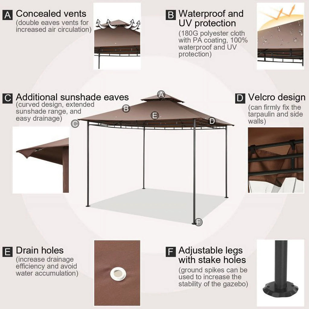 SANOPY 10' x 10' Gazebos for Patios, Gazebo Canopy with 4 Mosquito Netting, Rainproof & Sunscreen Shelter Tent with Double Eaves for Garden Backyard and Deck