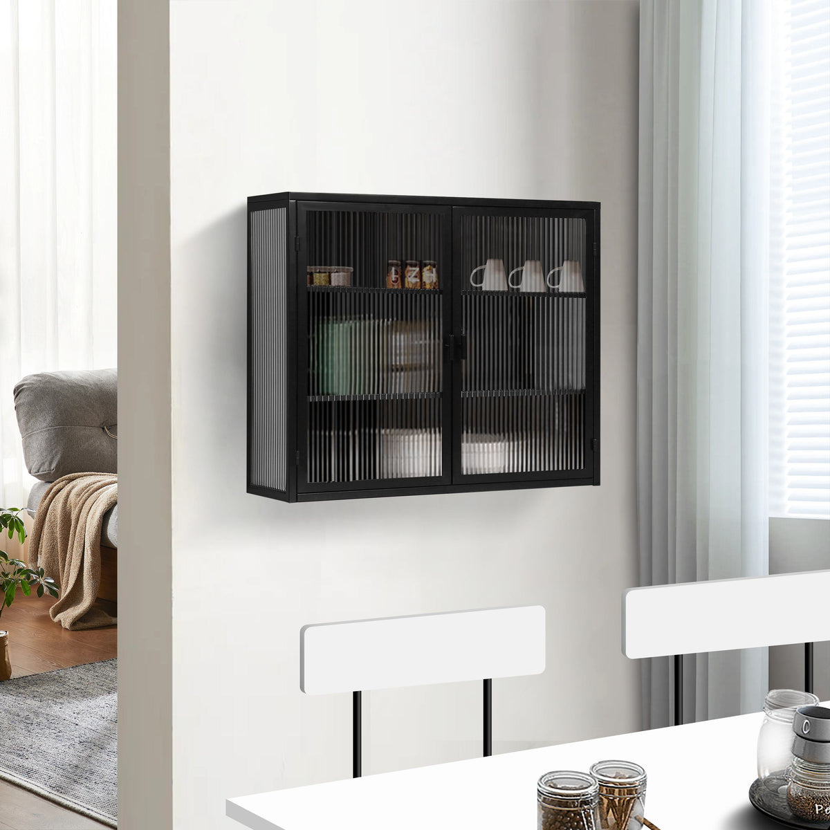 Badezimmerschrank hängend, Moderner Wandschrank 70x23x60 cm mit Glasfront und dreistufigen Regalen, Schwarz