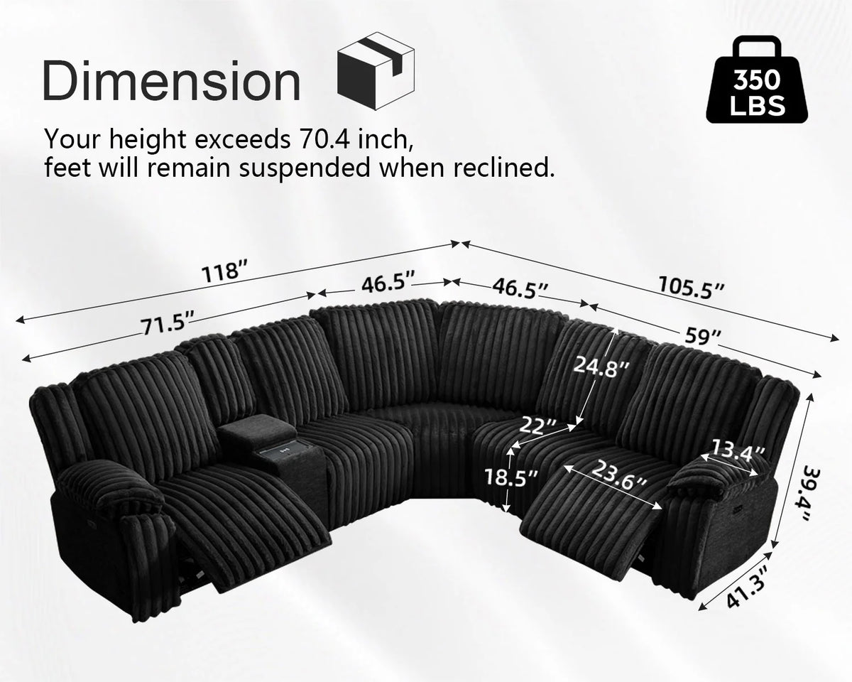 Power Reclining Sectional Sofa with Wireless Charger, 6 - Seater Faux Fur Sectional with Recliners, Hidden Cup Holders, Storage Console, USB & Type - C Ports, Black