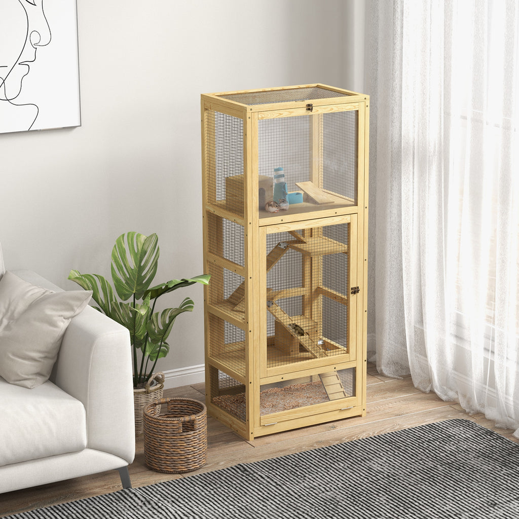 PawHut Käfig für Hamster oder kleine Tiere aus Holz, 5 Etagen mit Leiter Hütte Schaukel 54 x 38 x 131 cm Naturholz
