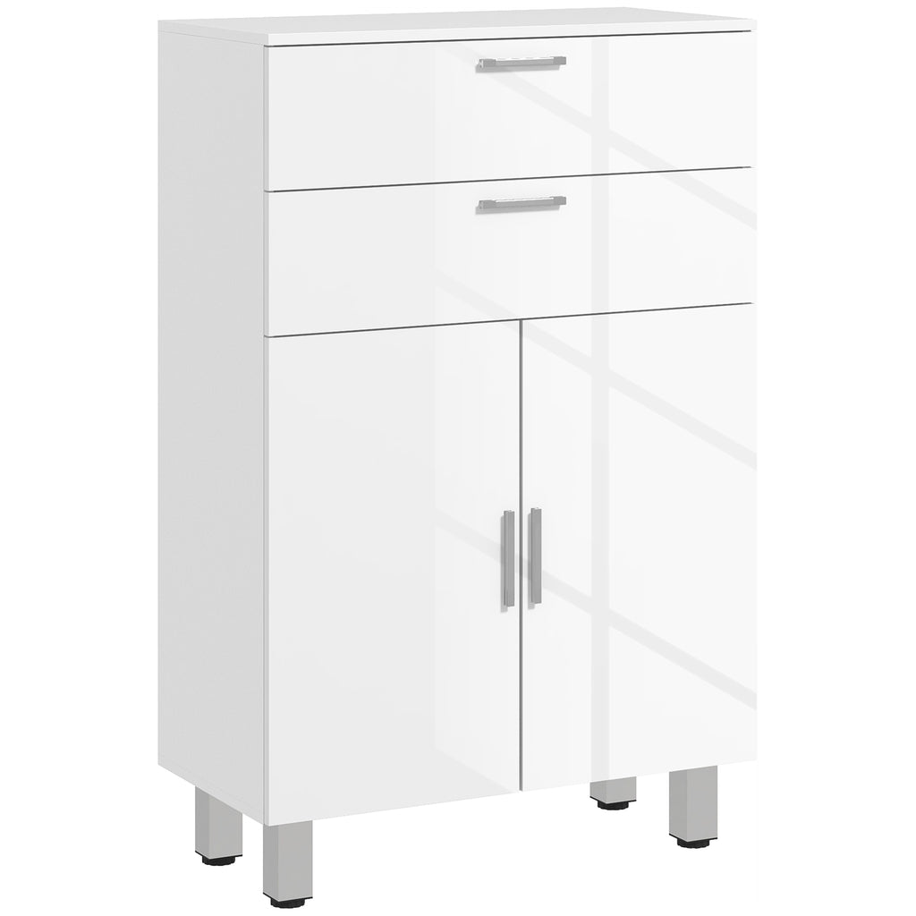 kleankin Badezimmerschrank mit 2 Schubladen, Doppeltürschrank und verstellbaren Regalen 60 x 30 x 93 cm weiß glänzend