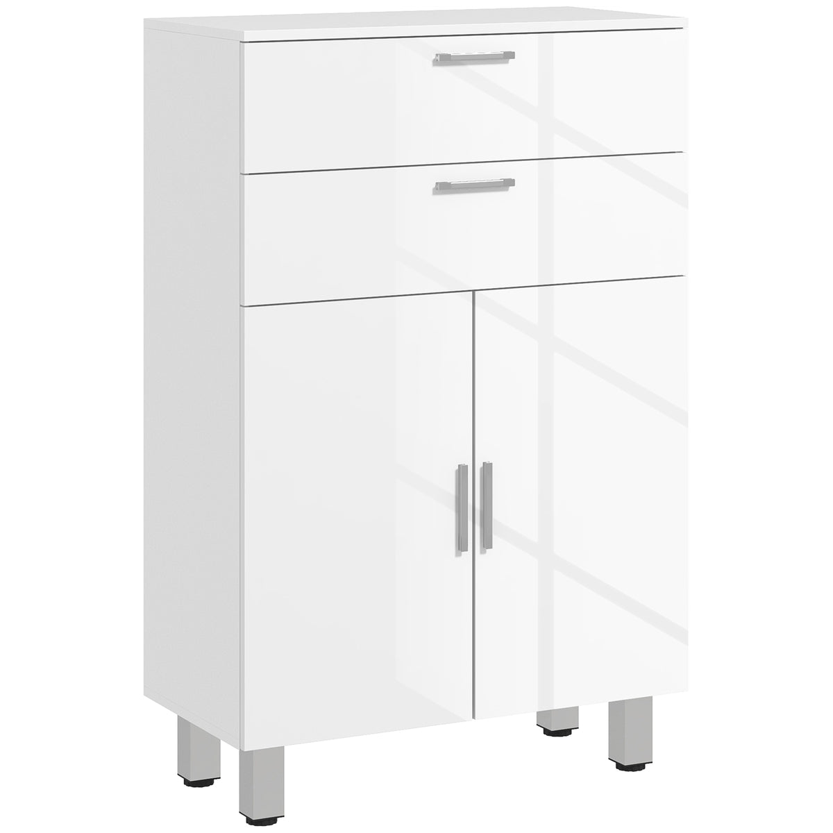 kleankin Badezimmerschrank mit 2 Schubladen, Doppeltürschrank und verstellbaren Regalen 60 x 30 x 93 cm weiß glänzend