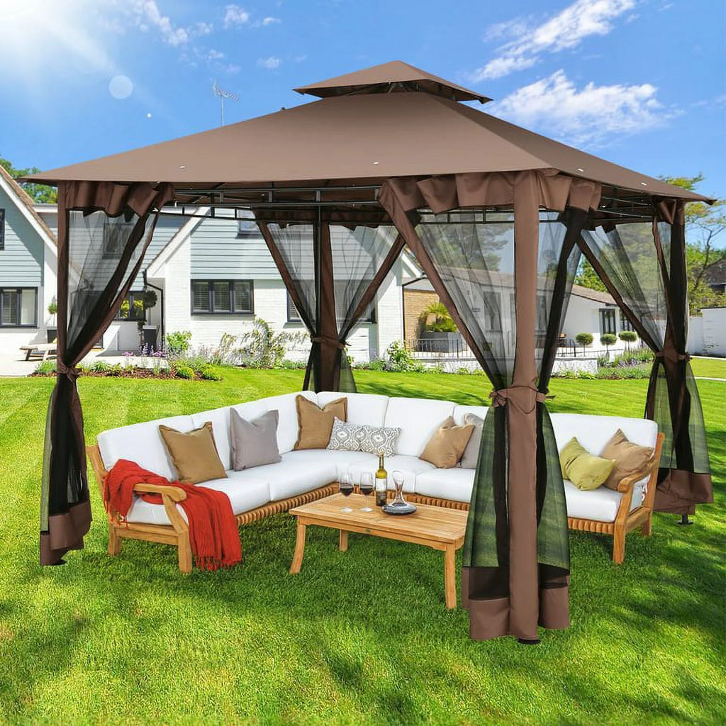 SANOPY 10' x 10' Gazebos for Patios, Gazebo Canopy with 4 Mosquito Netting, Rainproof & Sunscreen Shelter Tent with Double Eaves for Garden Backyard and Deck