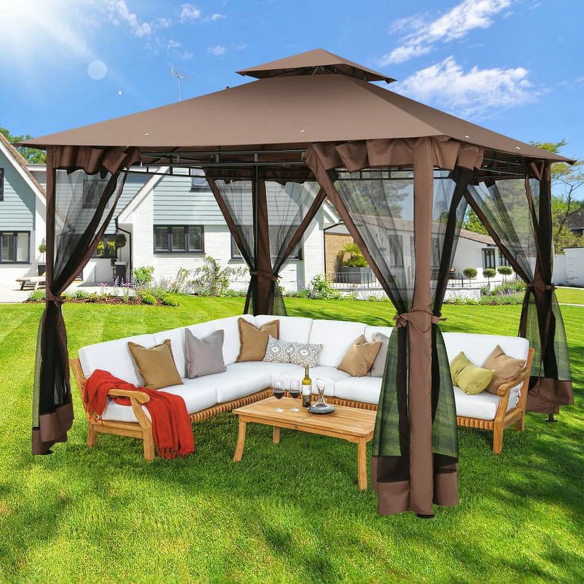 SANOPY 10' x 10' Gazebos for Patios, Gazebo Canopy with 4 Mosquito Netting, Rainproof & Sunscreen Shelter Tent with Double Eaves for Garden Backyard and Deck