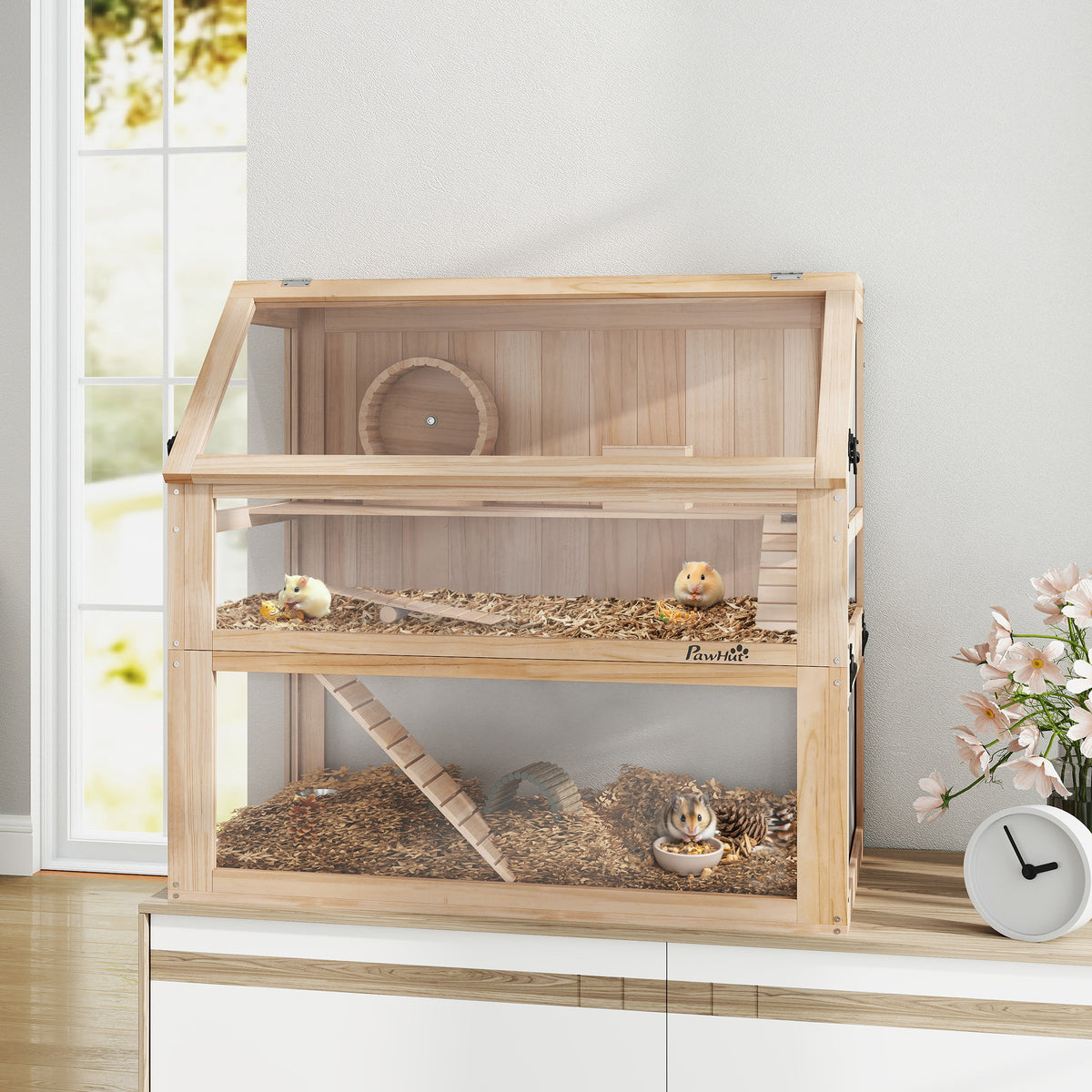 PawHut Hamsterkäfig aus Holz 3 Etagen Nagarium Nagerkäfig mit klappbarem Deckel Laufrad 80 x 50 x 76 cm Naturholz