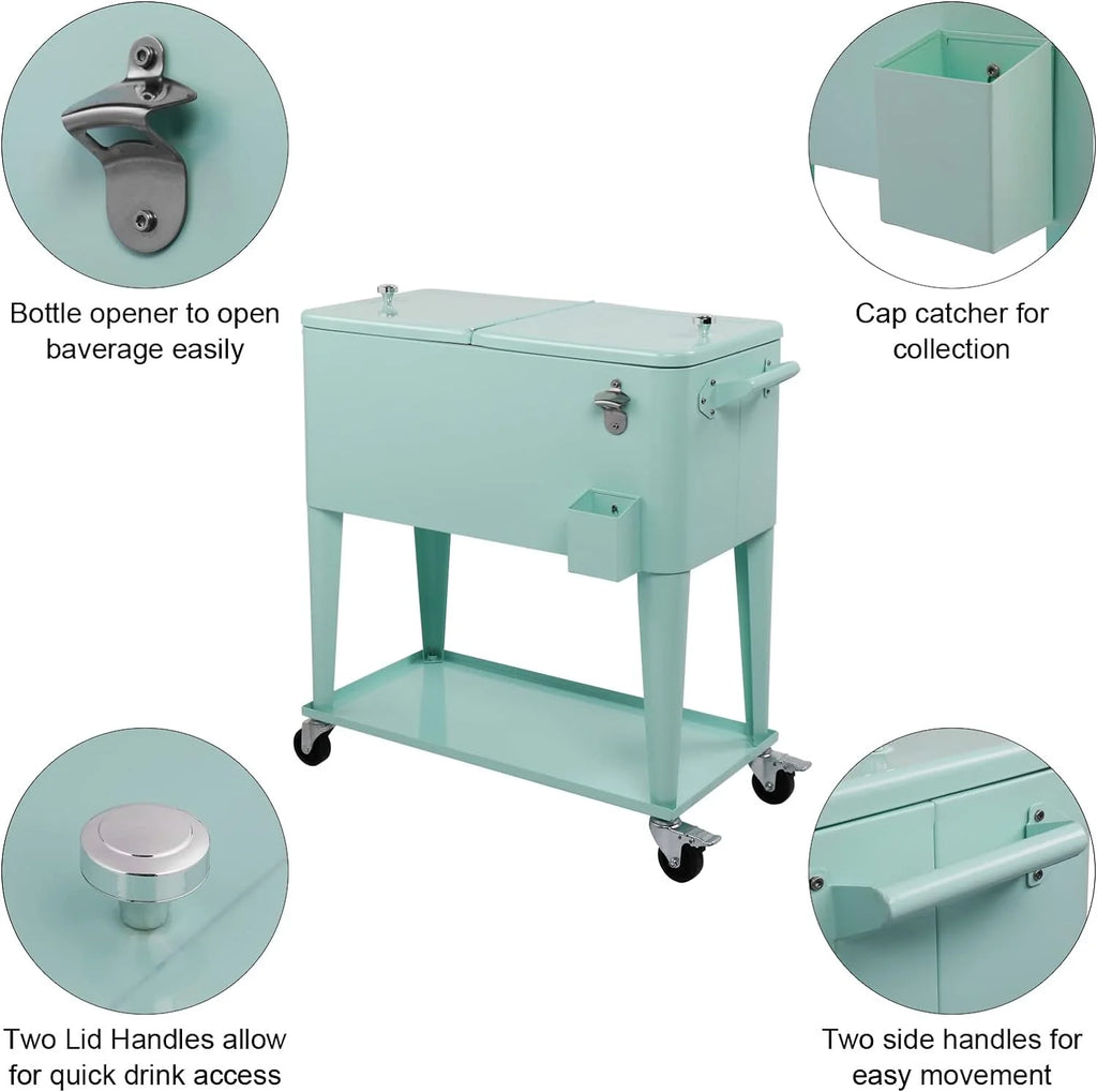80 Quart Rolling Ice Chest, Portable Bar Drink Cooler with Catch Basin, Bottom Storage Tray and Bottle Opener for Patio Party BBQ Beach Activities