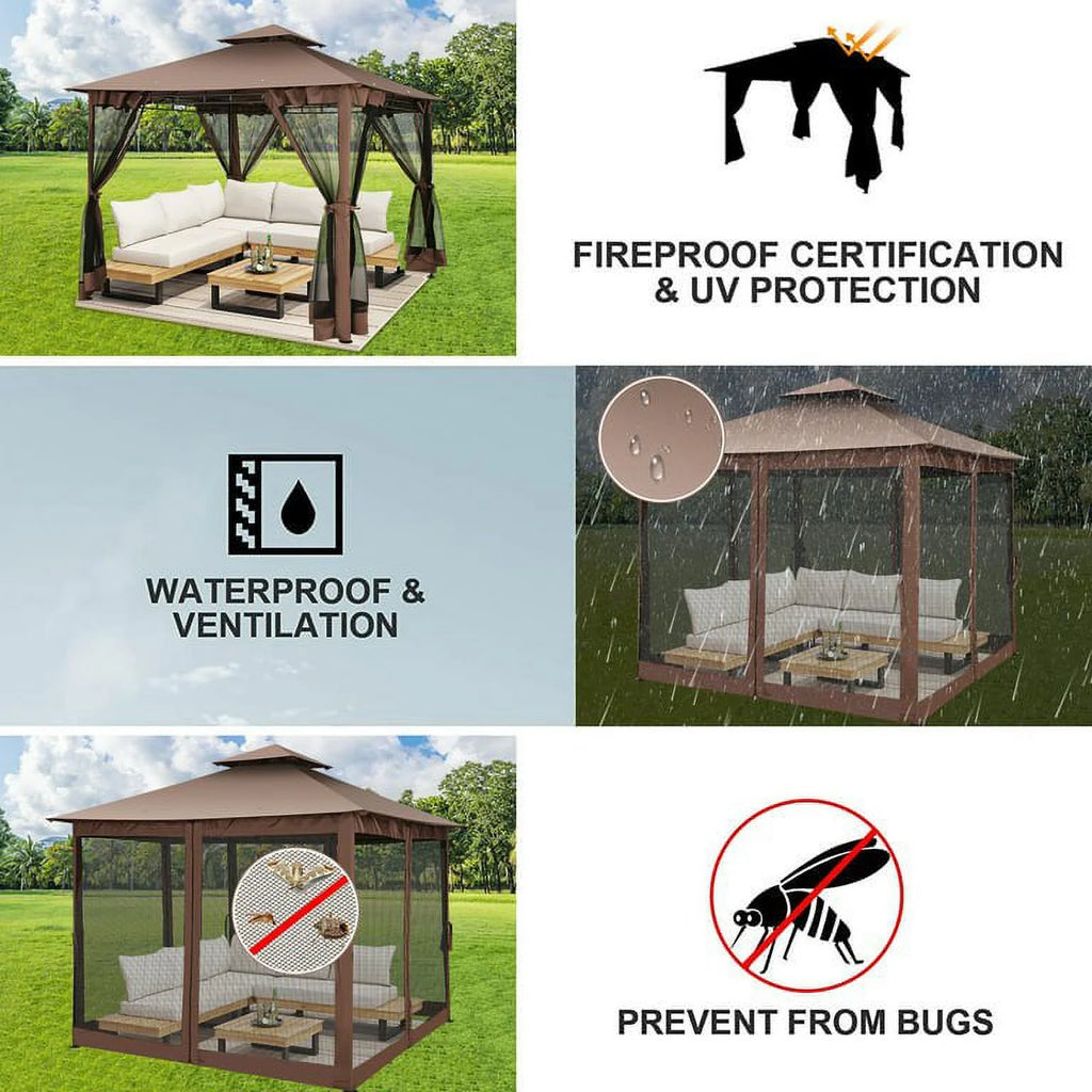 SANOPY 10' x 10' Gazebos for Patios, Gazebo Canopy with 4 Mosquito Netting, Rainproof & Sunscreen Shelter Tent with Double Eaves for Garden Backyard and Deck