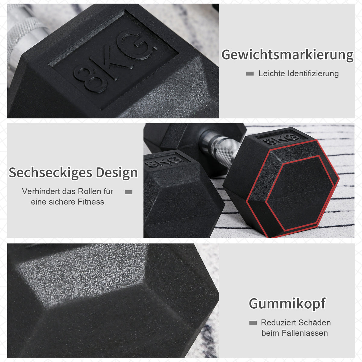 HOMCOM Hexagon Kurzhantel Gusseisen Hantel Gummi-Hantel Griff gerändelt Gewichte Metall Gummi schwarz 2 x 8 KG