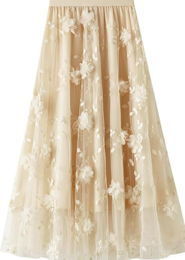 Womens Floral Midi Skirt High Waisted A Line Cute Layered Fairy Mesh Tulle Pleated Skirt