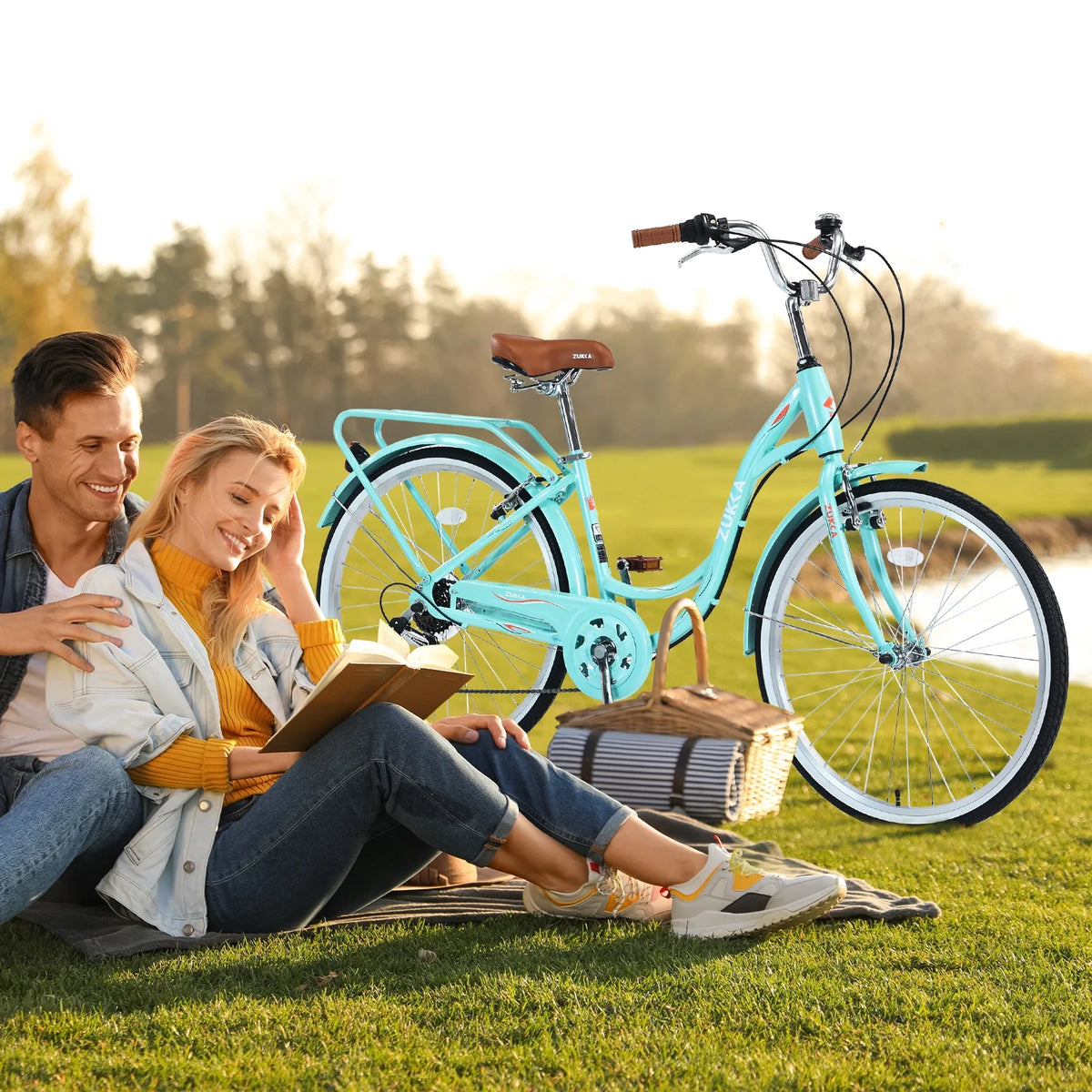 Aukfa 26" Cruiser Bike, 7 Speed Bicycle Hybrid Bikes for Women Girls Ladies, Arctic