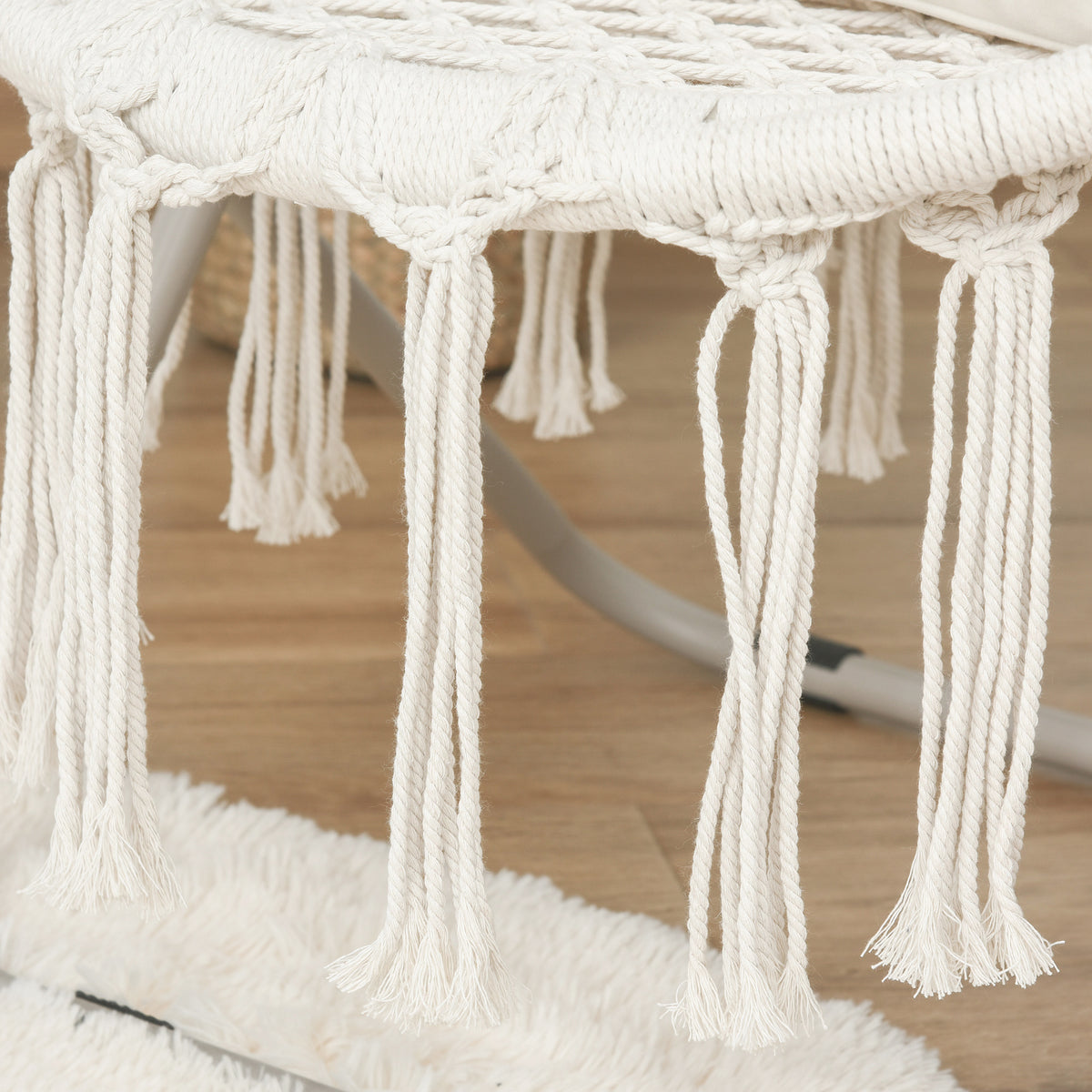 Outsunny Hängesessel runder Gartenstuhl Mond Papasan Klappbarer großer Komfort Makramee Baumwolle Polyester Beige