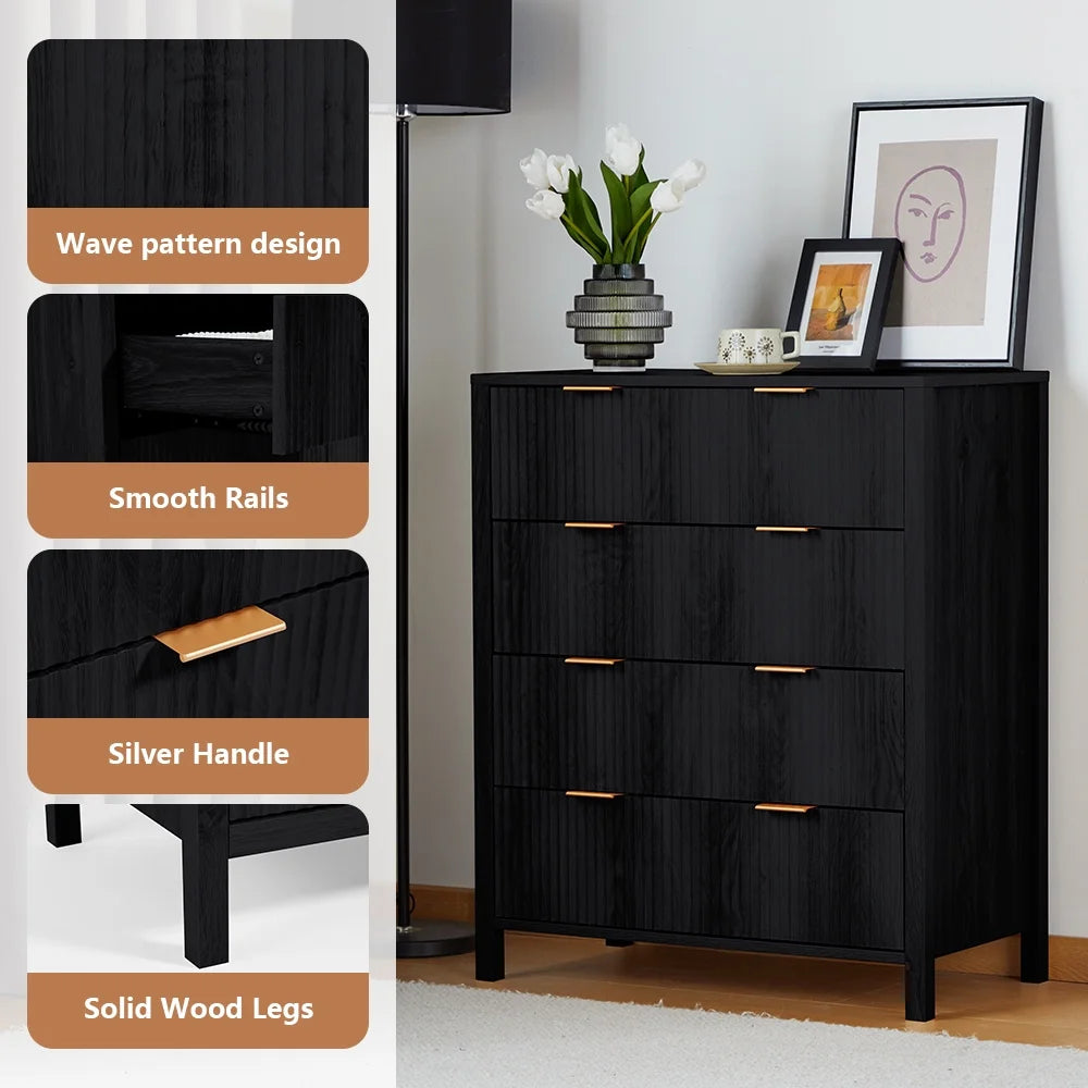 YOCWO Fluted Nightstand for Bedroom Set of 2, Wood Bedside Table Set of 2 with Drawers, Black