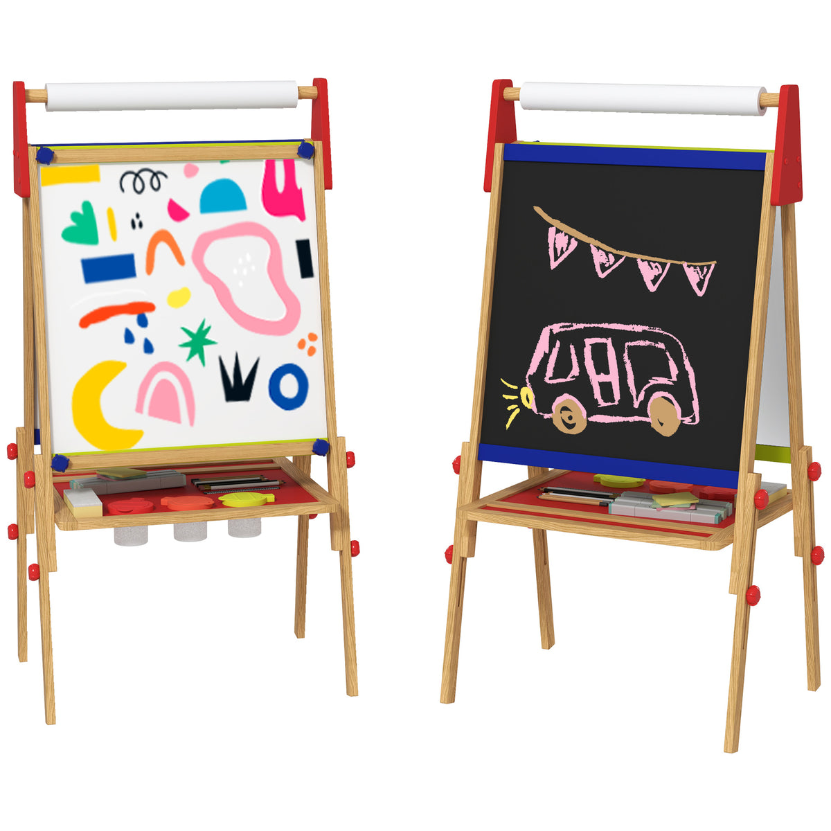 AIYAPLAY 3-in-1 Kindermalstaffelei, Kreidetafel, Whiteboard, Papierrolle, inklusive Zubehör, Kiefernholz, verstellbar