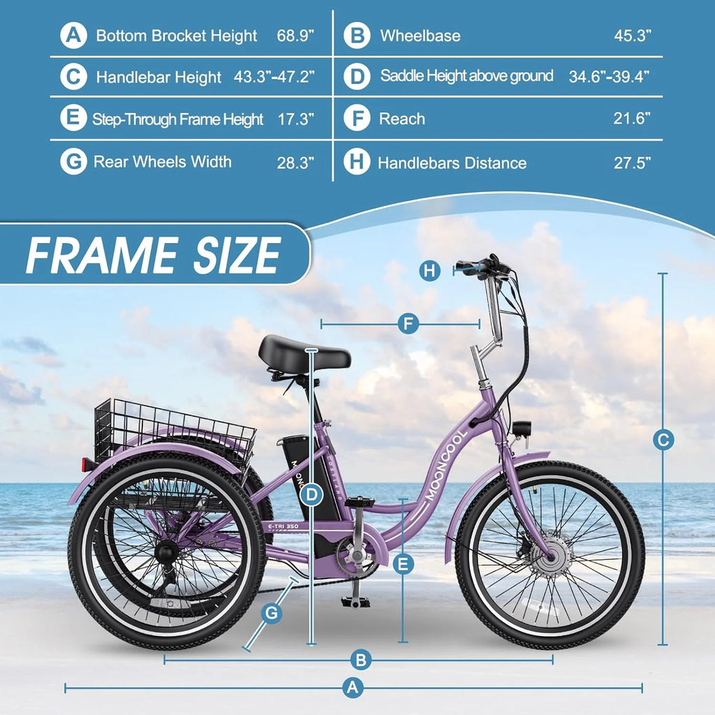 ABORON 24" 26" Electric Tricycles, 36V 10ah 350W Lithium Battery, 7 Speed E - Trike for Adults with Large Capacity Rear Basket & Adjustable Seat