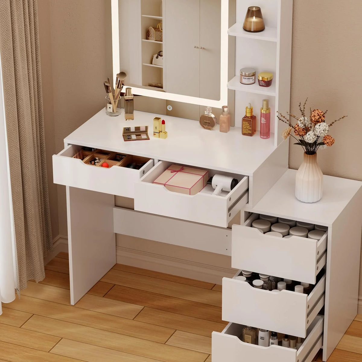 Makeup Vanity Desk with Mirror and Lights, 43.5 Vanity Table with 5 Drawers & Storage Shelves, White