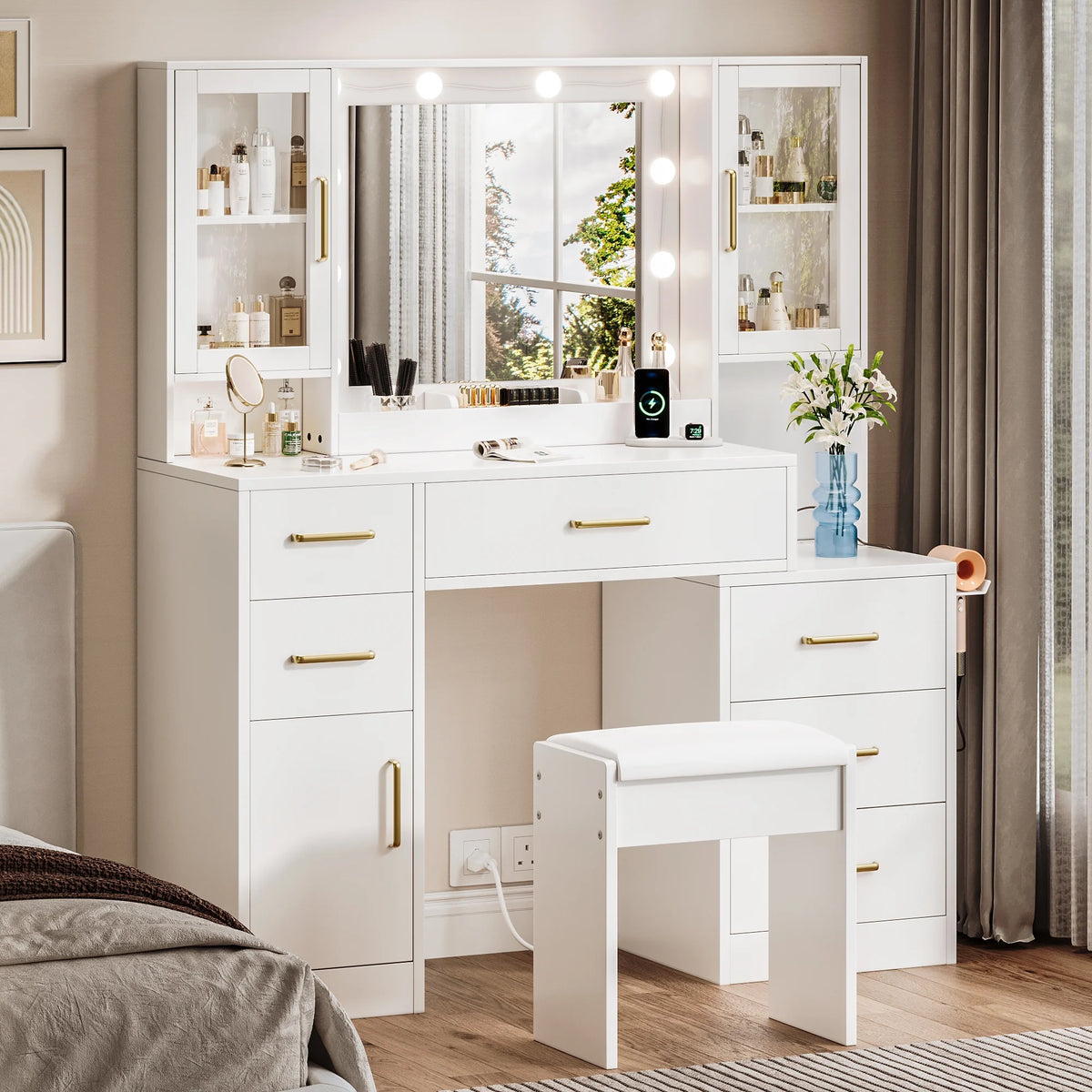 UGTOO 58.3" White Vanity Desk with Mirror, Adjustable Lighting, Power Outlet, Drawers, with Stool