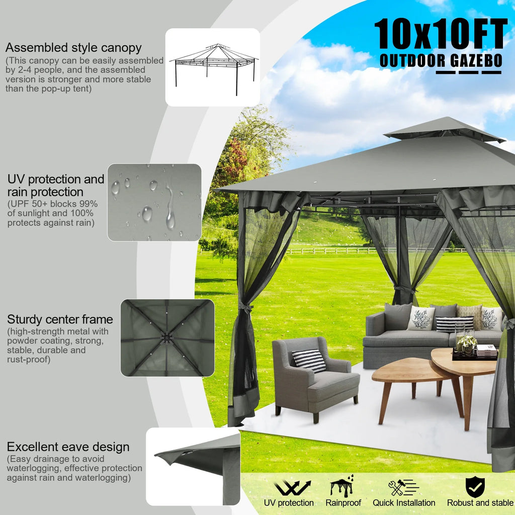 SANOPY 10' x 10' Gazebos for Patios, Gazebo Canopy with 4 Mosquito Netting, Rainproof & Sunscreen Shelter Tent with Double Eaves for Garden Backyard and Deck