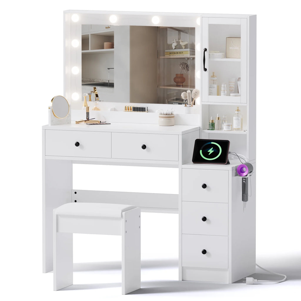 UGTOO 58.3" White Vanity Desk with Mirror, Adjustable Lighting, Power Outlet, Drawers, with Stool
