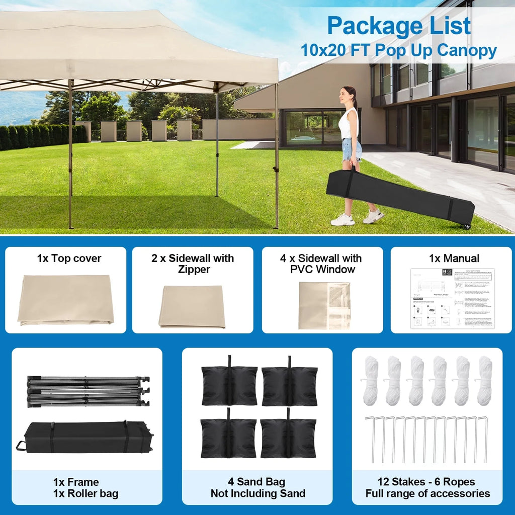 10'X20' Pop up Canopy Waterproof Folding Tent Outdoor Easy Set - up Instant Tent Heavy Duty Commercial Wedding Party Shelter with 6 Removable Sidewalls, 4 Sandbags, Roller Bag, Khaki