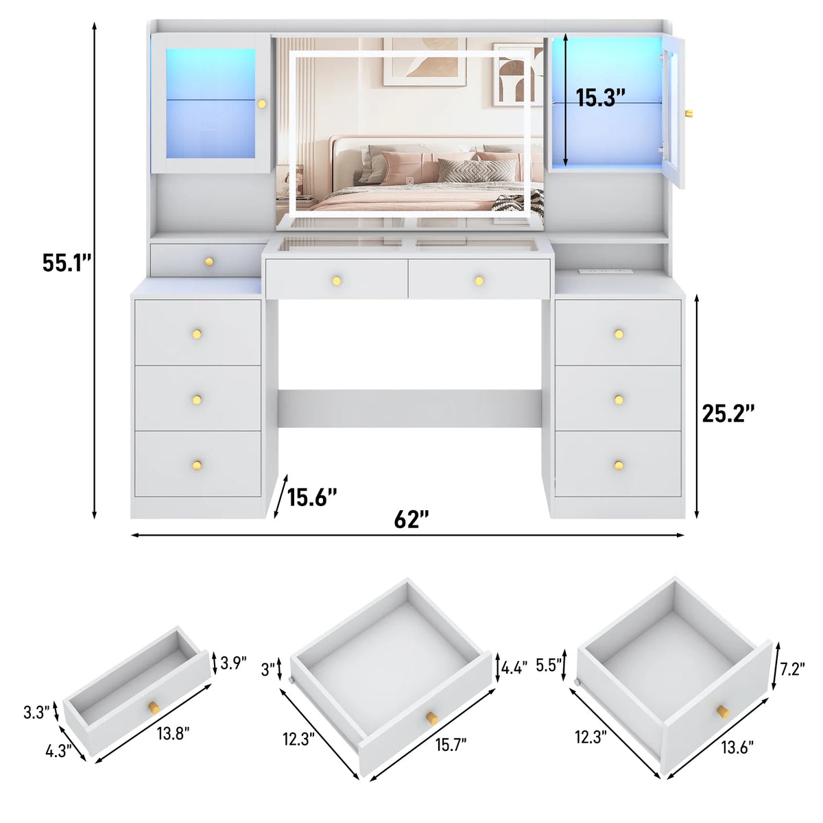 Blotout 62'' Large Vanity Desk W/60000 - Color LED Lights, Tempered Glass Top, Power Outlet, Makeup Vanity Table W/ 3 Lights Mode Mirror, 9 Drawers, 2 RGB Cabinets, LED Dressing Table for Girls, Women