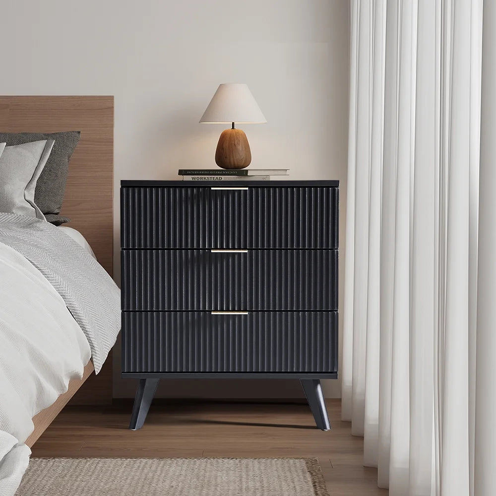 YOCWO Fluted Nightstand for Bedroom Set of 2, Wood Bedside Table Set of 2 with Drawers, Black