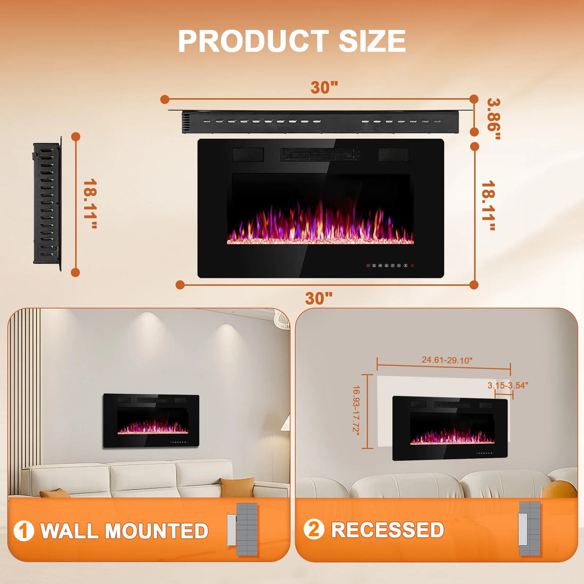 KISSAIR 60 Indoor Electric Fireplace Ultra Thin Fireplace, Wall Mounted Recessed Fireplace with Multiple Colors