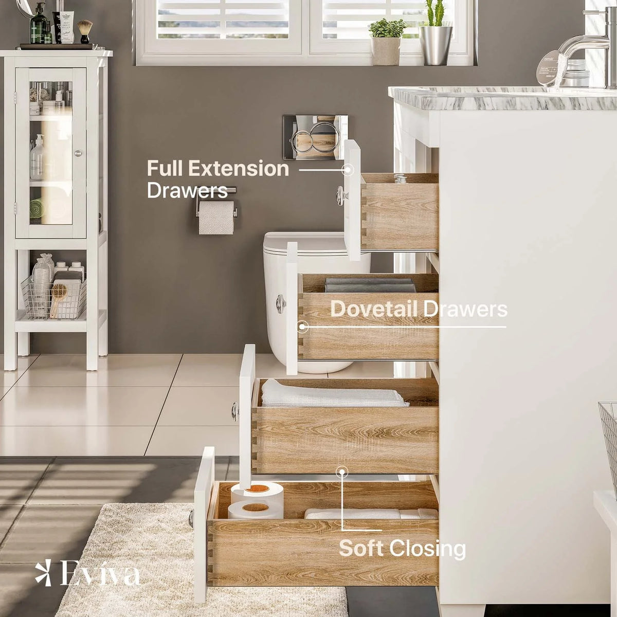 Eviva Happy 30" W x 18" D x 34" H White Bathroom Vanity with White Carrara Marble Counter - Top