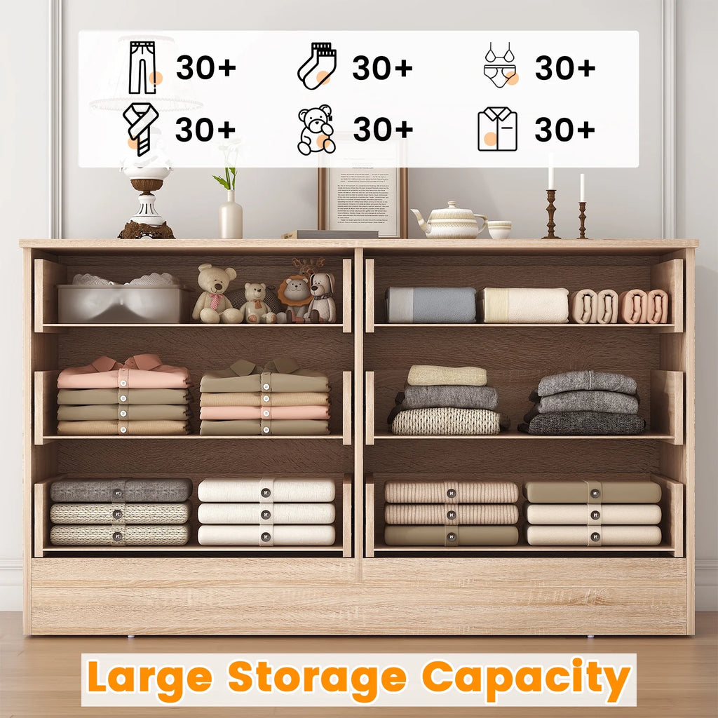 Winkalon 6 Drawer Oak Double Dresser, Wood Storage Cabinet with Easy Pull Out Handles for Living Room, Chest of Drawers for Bedroom