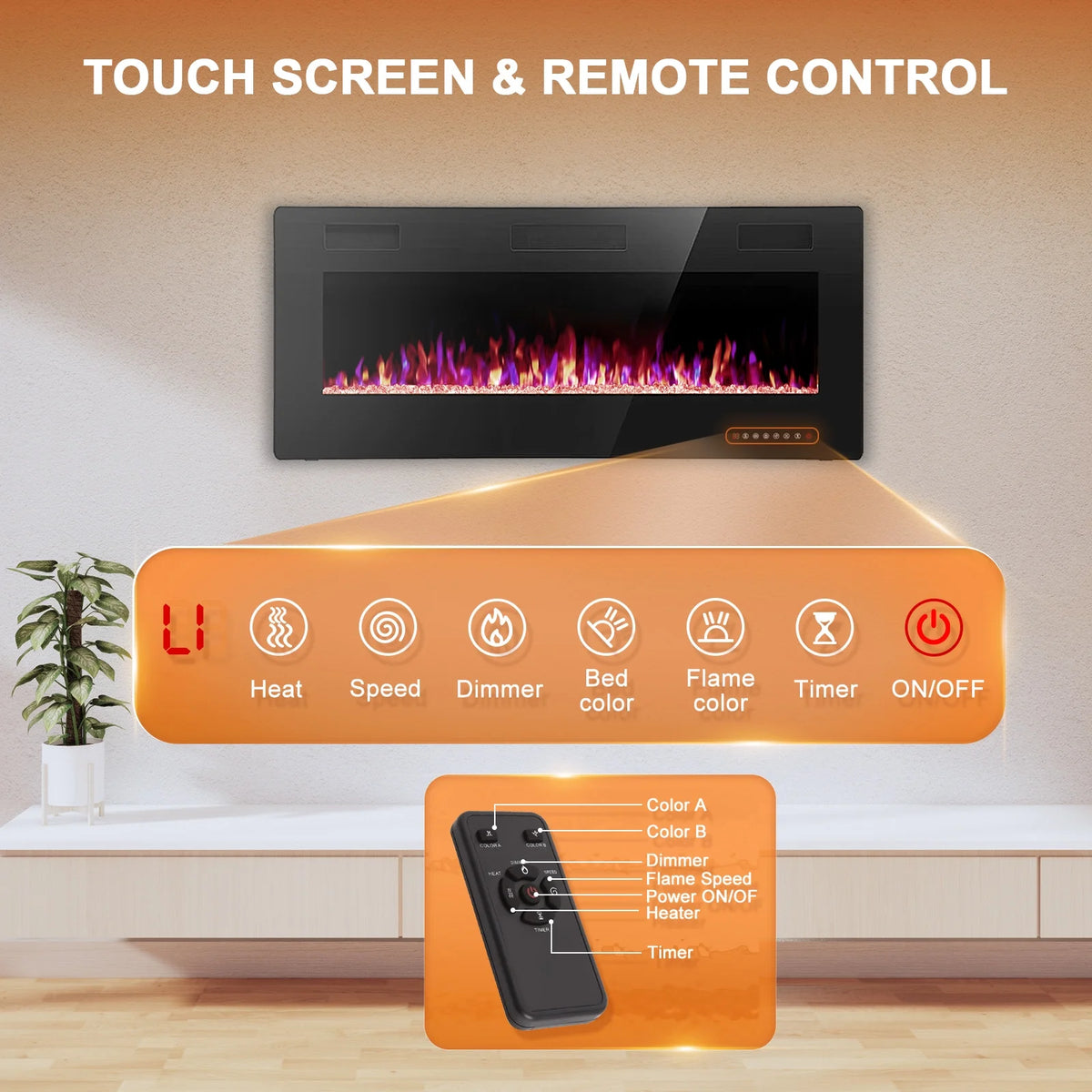 KISSAIR 60 Indoor Electric Fireplace Ultra Thin Fireplace, Wall Mounted Recessed Fireplace with Multiple Colors