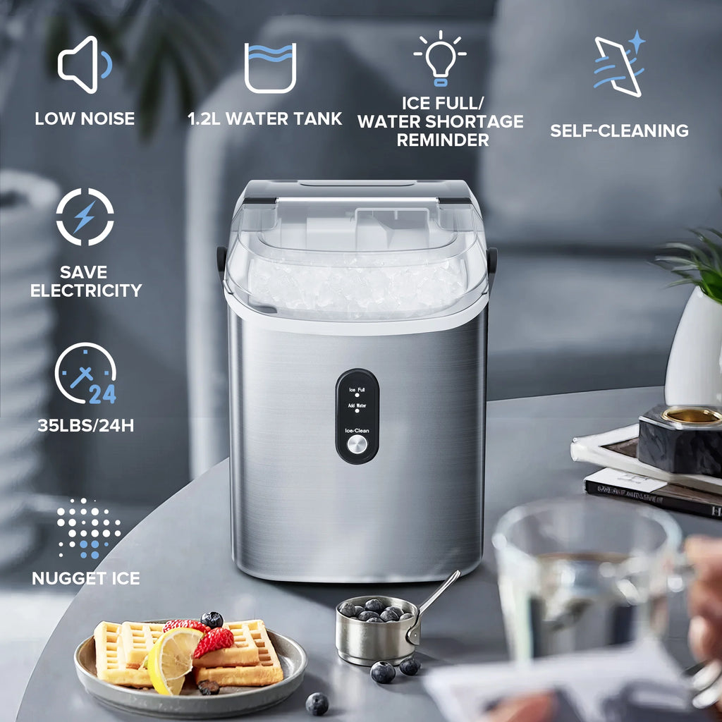 Auseo Nugget Ice Maker Countertop, Ready in 6 Mins, 35 lb Each Day with Self - Cleaning, Portable Sonic Ice Machine for Home/Office/Bar, Black
