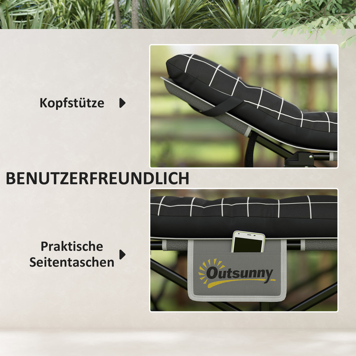 Outsunny Klappbares Campingbett, Feldbett mit Matratze, ergonomisch, Metallrahmen, Schwarz