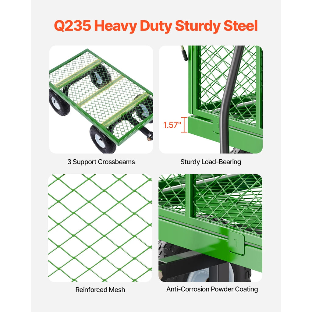 KFFKFF Mesh Steel Garden Cart 900 lb, 38 x 22 " Heavy Duty Utility Wagon Cart, Metal Garden Trolley with 10" Wheels, Removable Mesh Sides, 180swiveling Handle (Green)