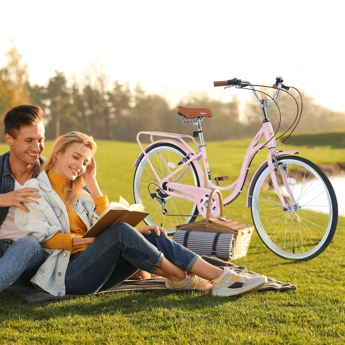 Aukfa 26" Cruiser Bike, 7 Speed Bicycle Hybrid Bikes for Women Girls Ladies, Arctic